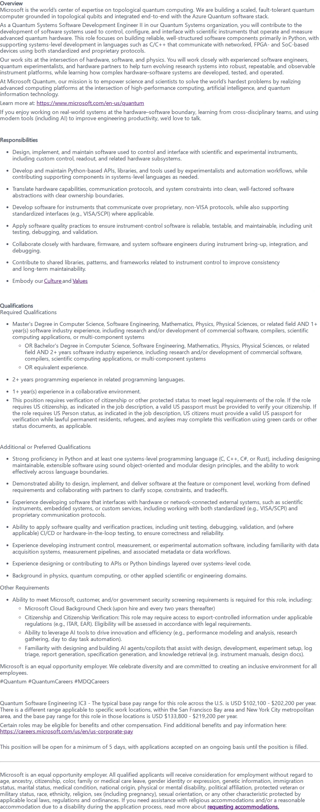 마이크로소프트(Microsoft) Quantum Systems Software Development Engineer II 채용공고
