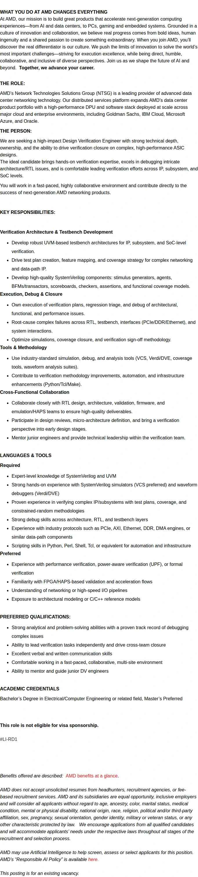 AMD SR Design Verification Engineer 채용공고