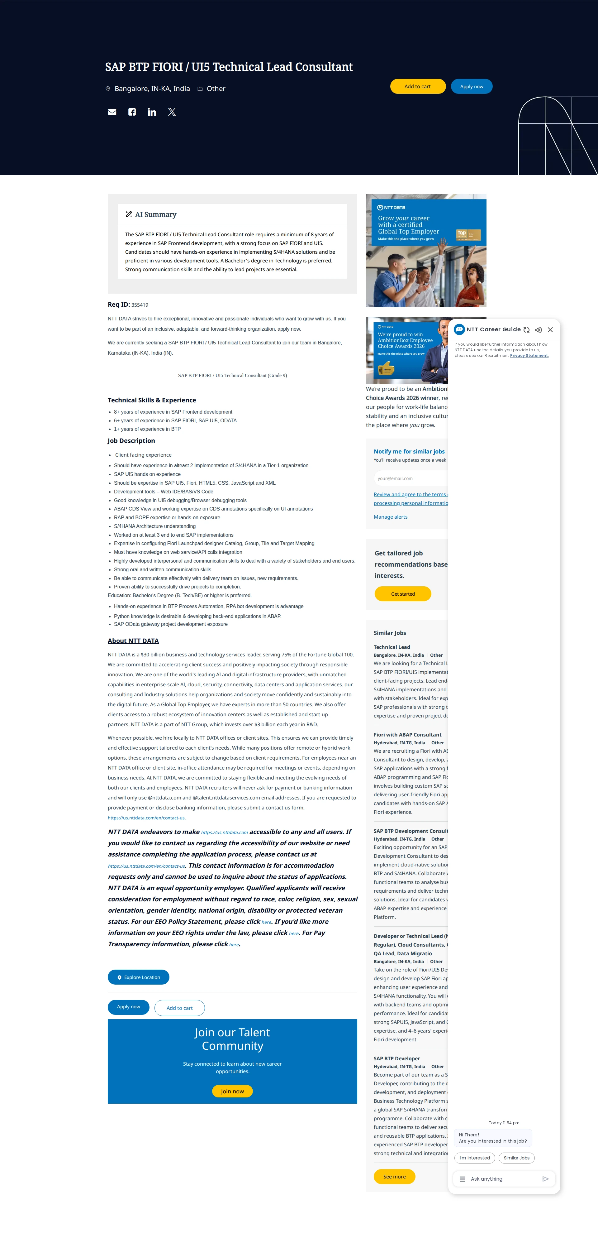 NTT데이터 SAP BTP FIORI / UI5 Technical Lead Consultant 채용공고