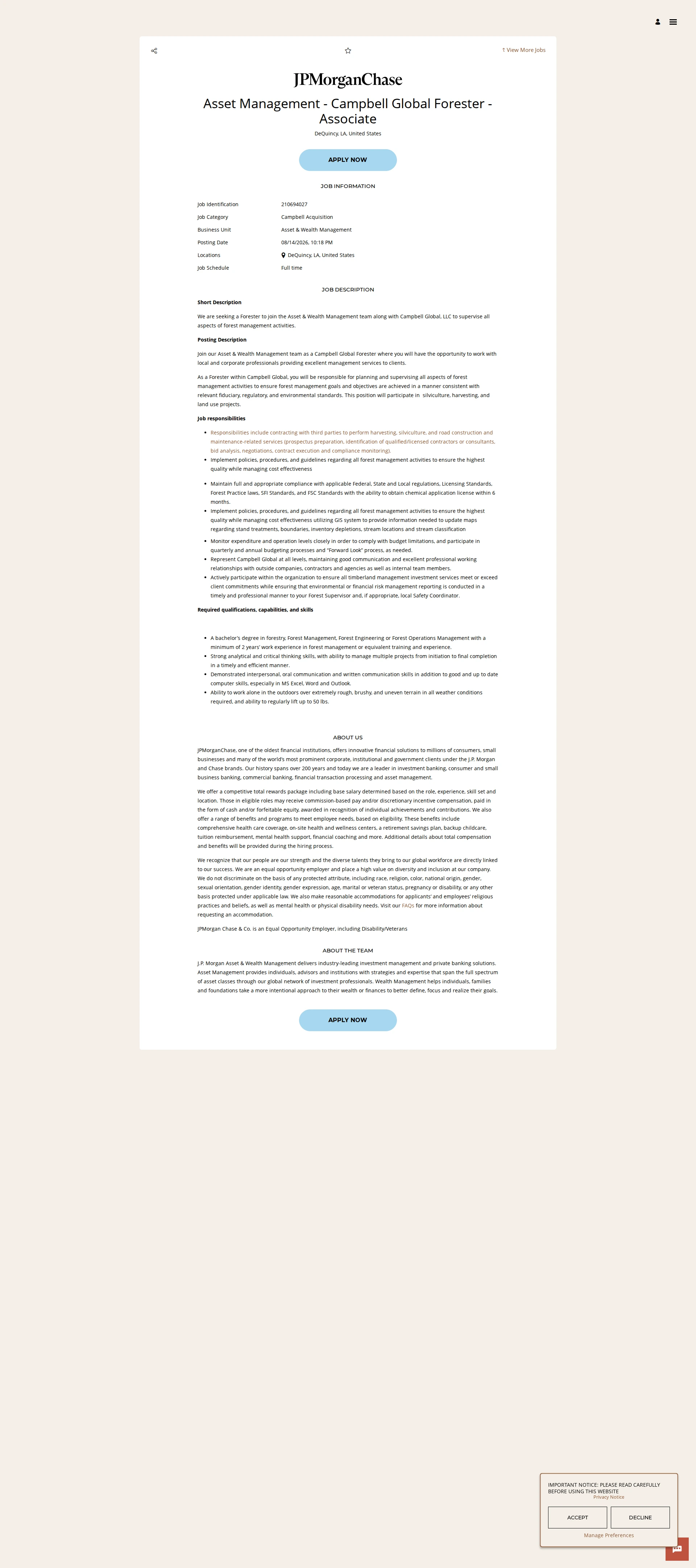JPMorganChase Asset Management - Campbell Global Forester - Associate 채용공고
