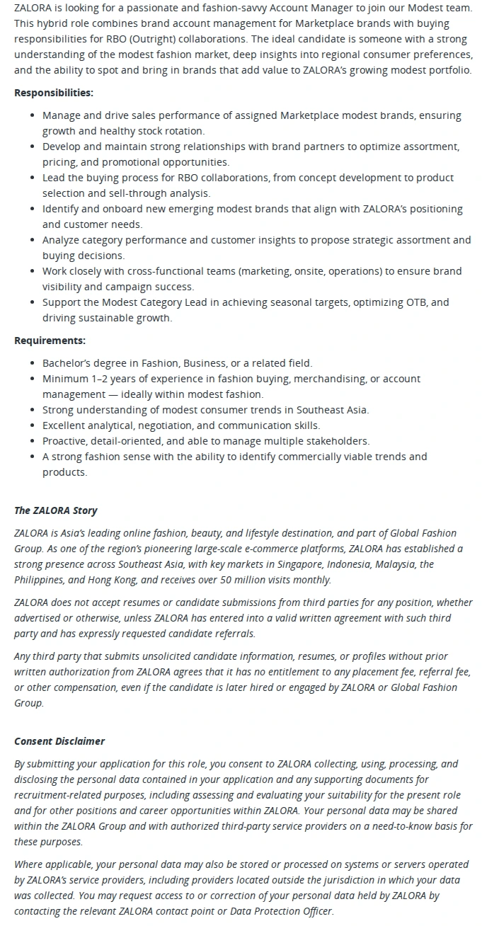 ZALORA SOUTH EAST ASIA PTE LTD Junior Buyer - Modest Fashion | Commercial Team 채용공고