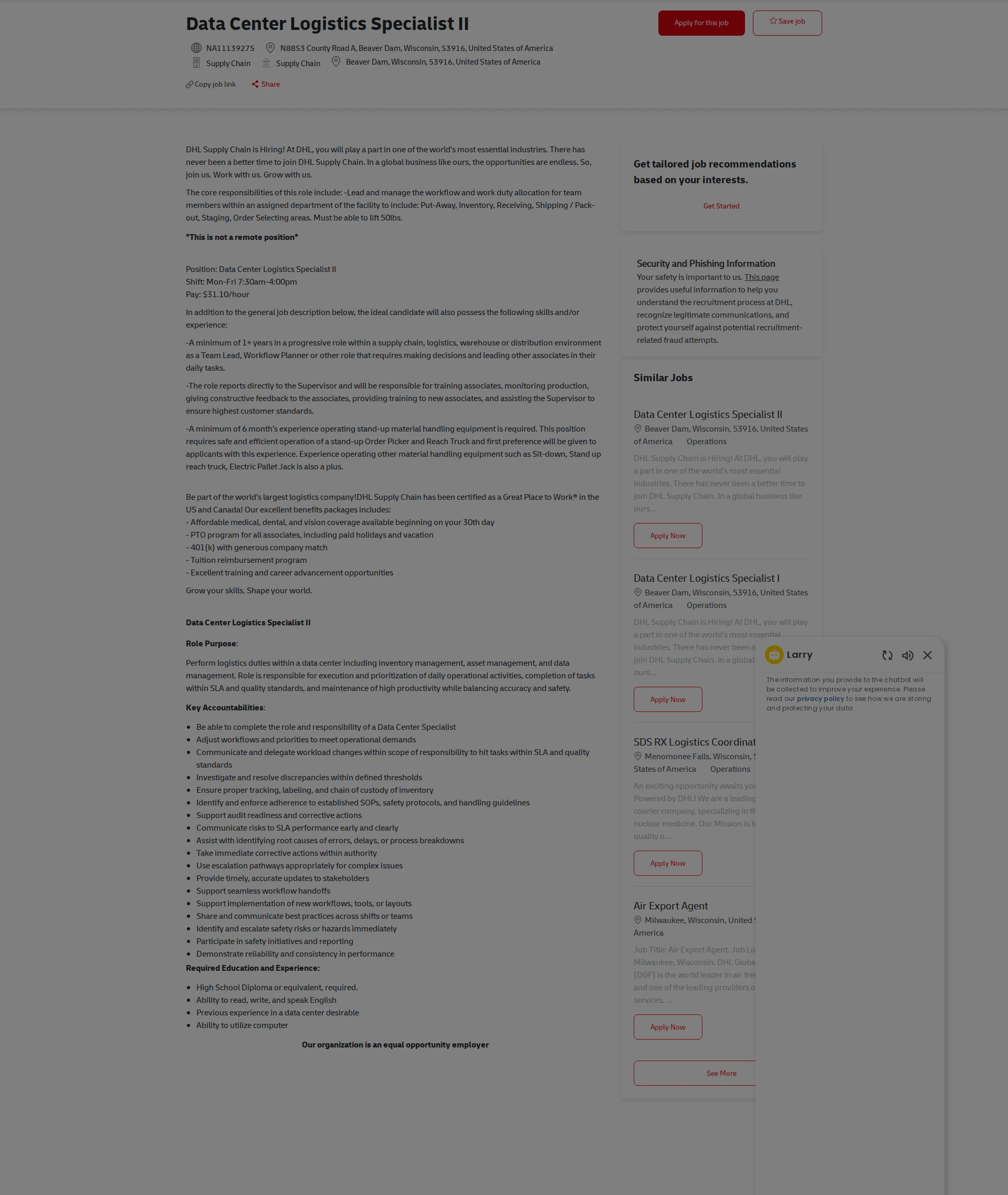 DHL Data Center Logistics Specialist II 채용공고