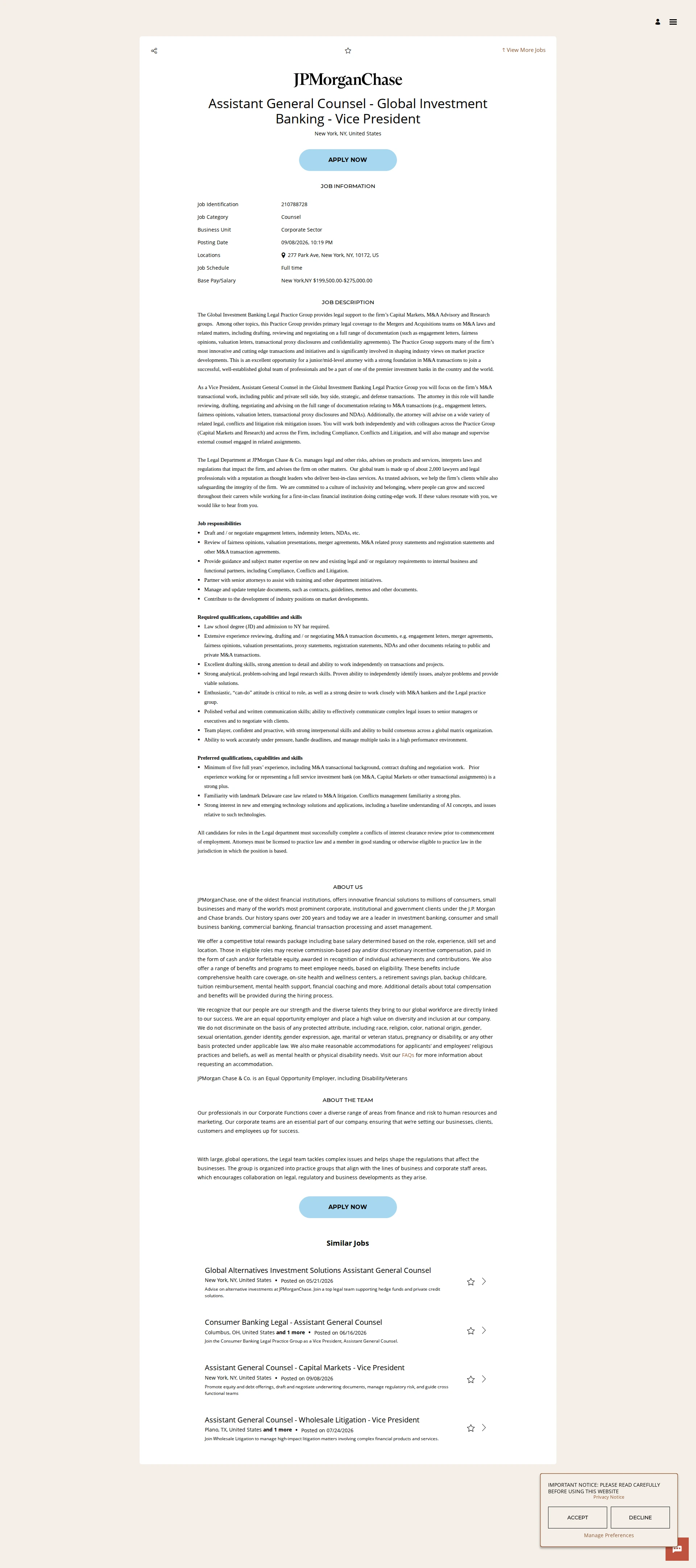 JPMorganChase Assistant General Counsel - Global Investment Banking - Vice President 채용공고