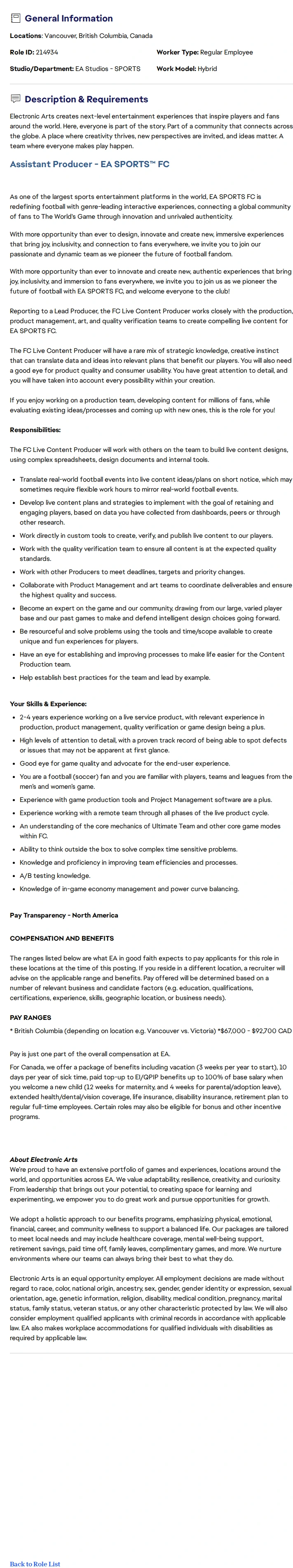 ElectronicArts Assistant Producer - EA SPORTS™ FC 채용공고