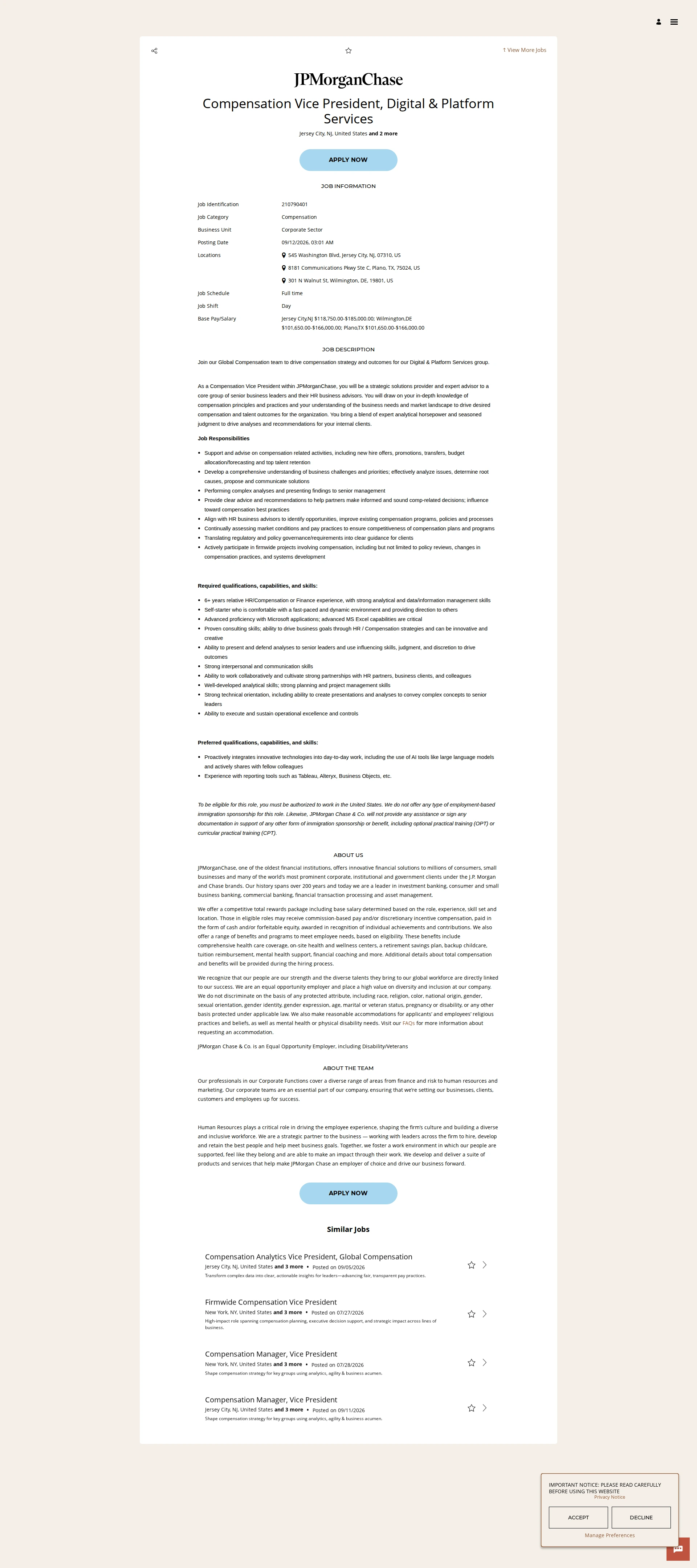 JPMorganChase Compensation Vice President, Digital & Platform Services 채용공고