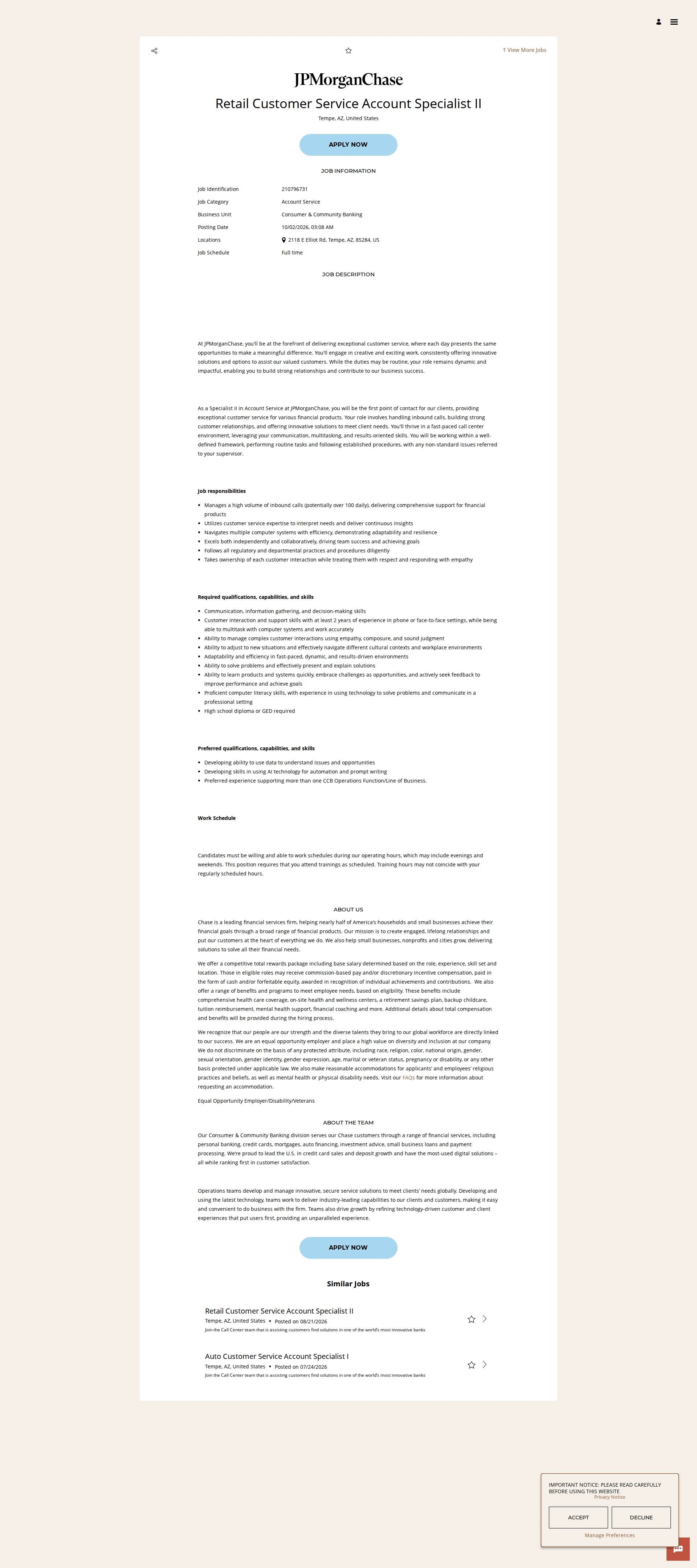 JPMorganChase Retail Customer Service Account Specialist II 채용공고
