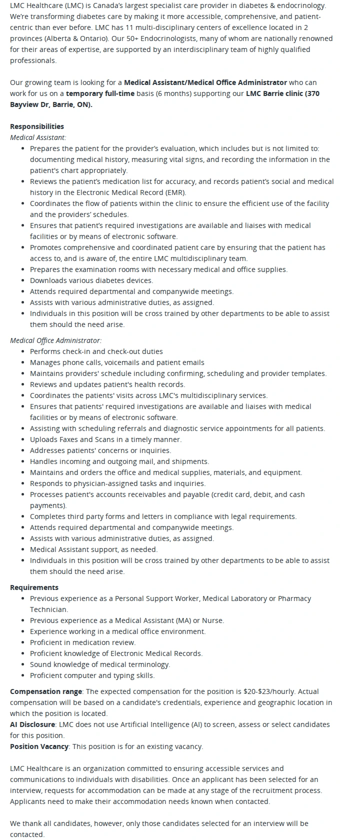 LMC Healthcare Medical Assistant/Medical Office Administrator 채용공고