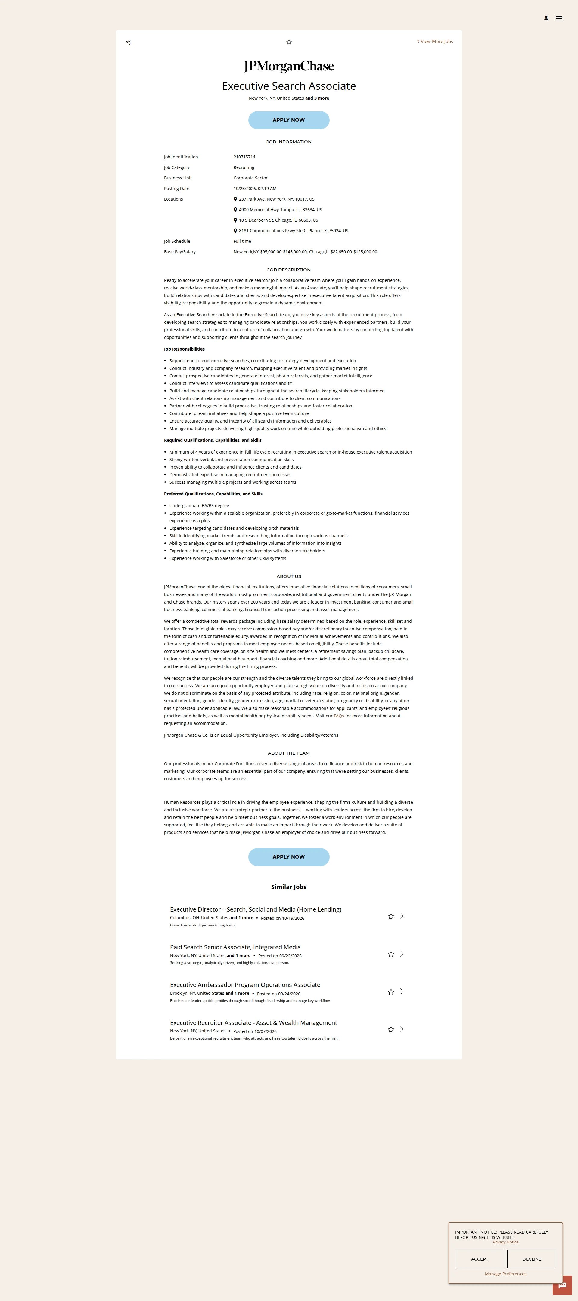 JPMorganChase Executive Search Associate 채용공고