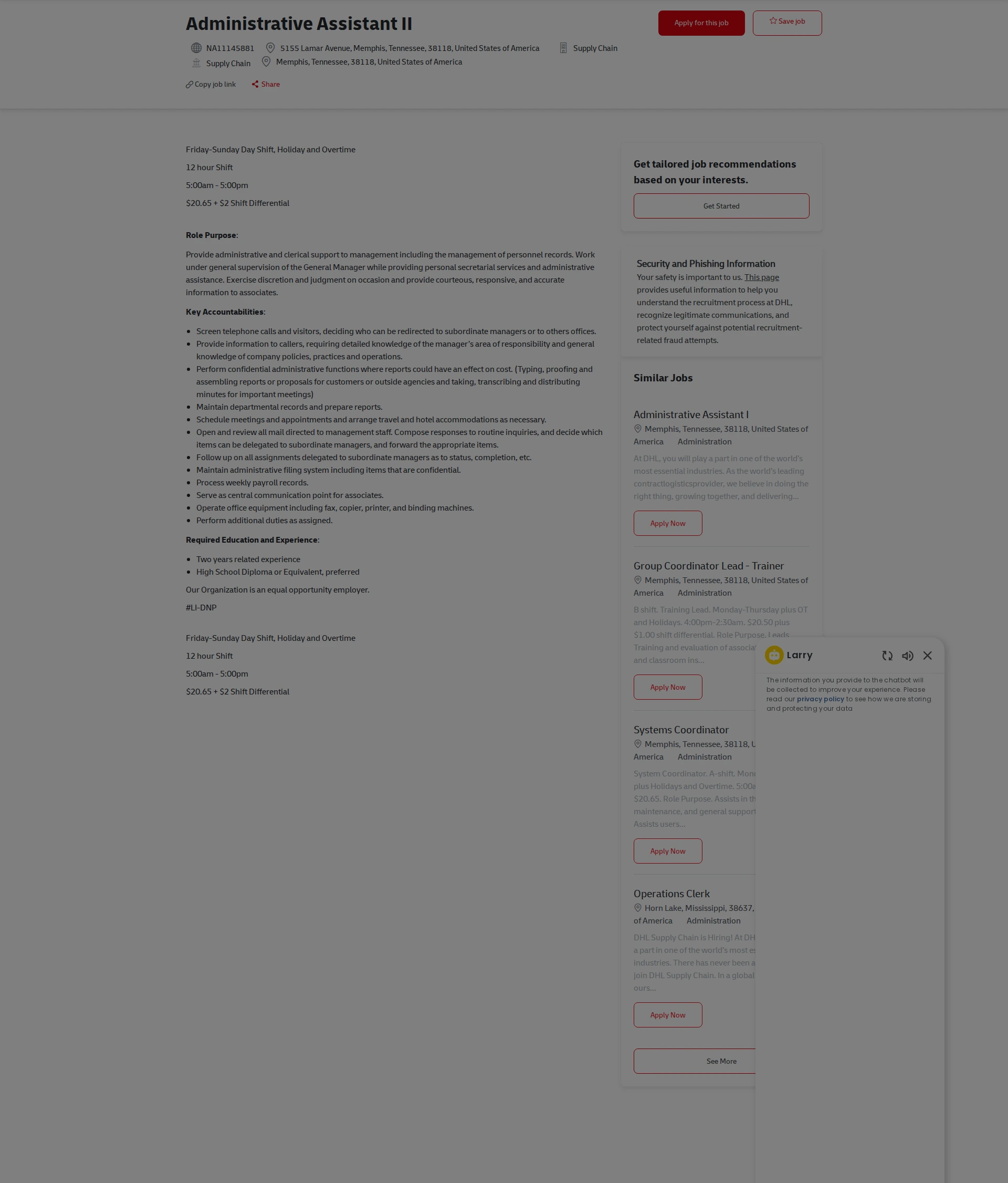 DHL Administrative Assistant II 채용공고