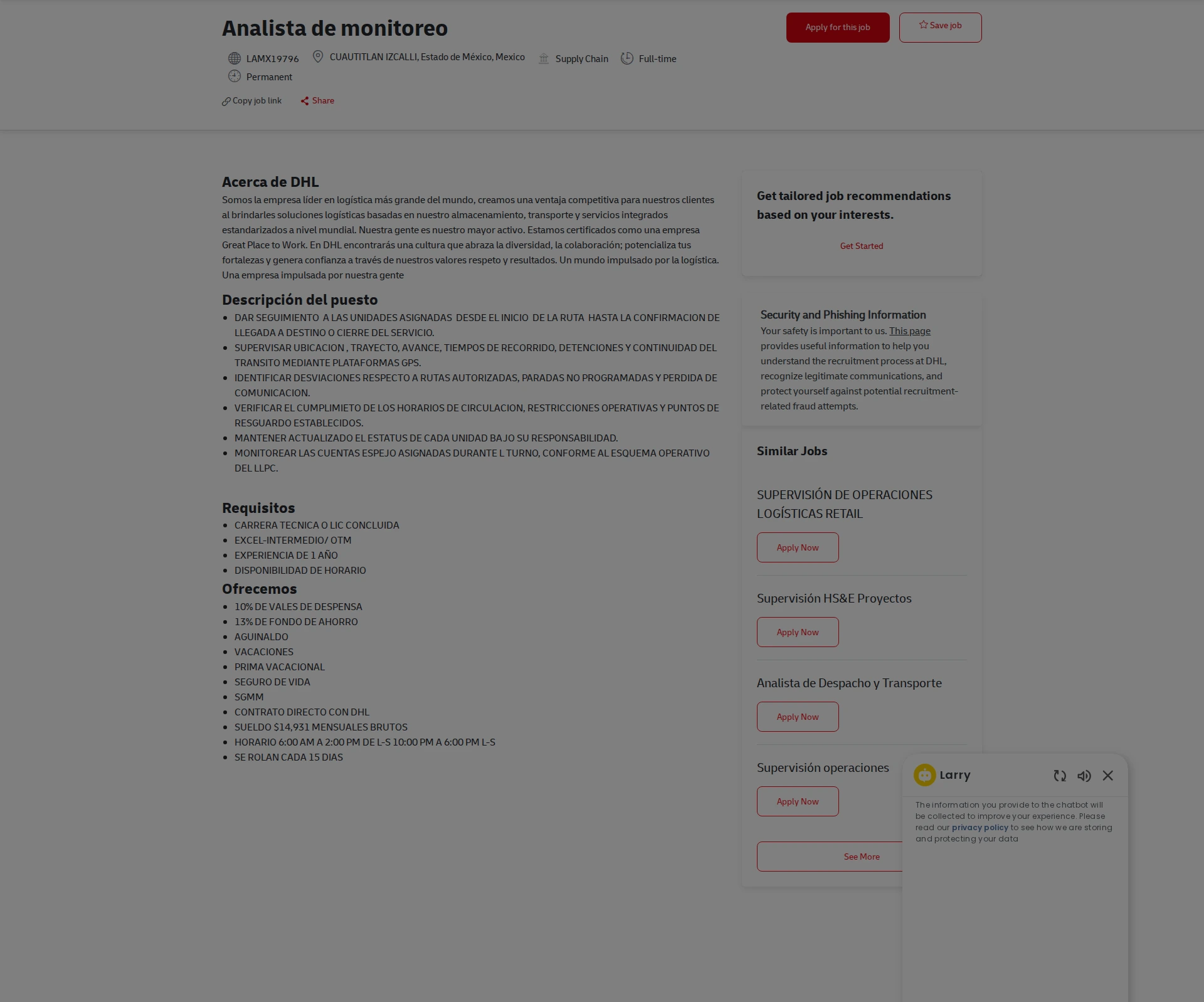 DHL Analista de monitoreo 채용공고