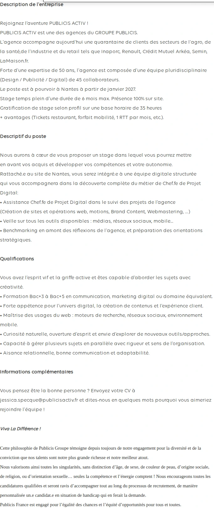 Publicis Groupe ASSISTANT.E  CHEF.FE DE PROJET DIGITAL F/H (stage 6 mois janvier 2027) 채용공고
