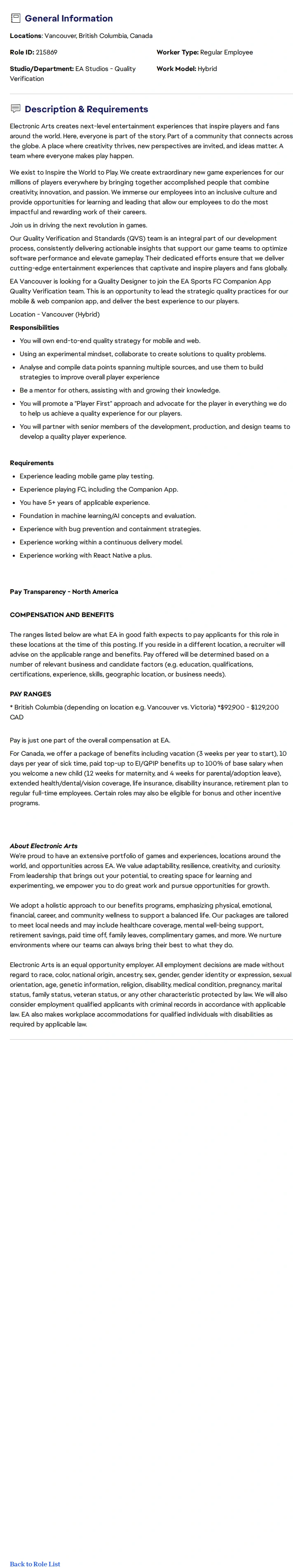 ElectronicArts EA Sports FC QV - Quality Designer (Companion App) 채용공고