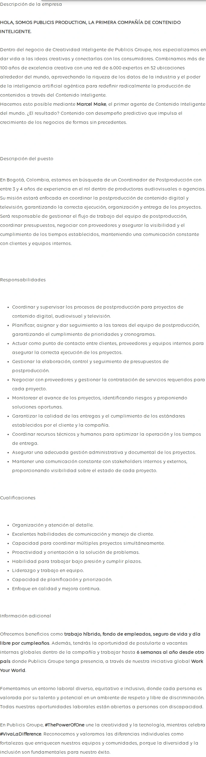 Publicis Groupe Post production Coordinator 채용공고