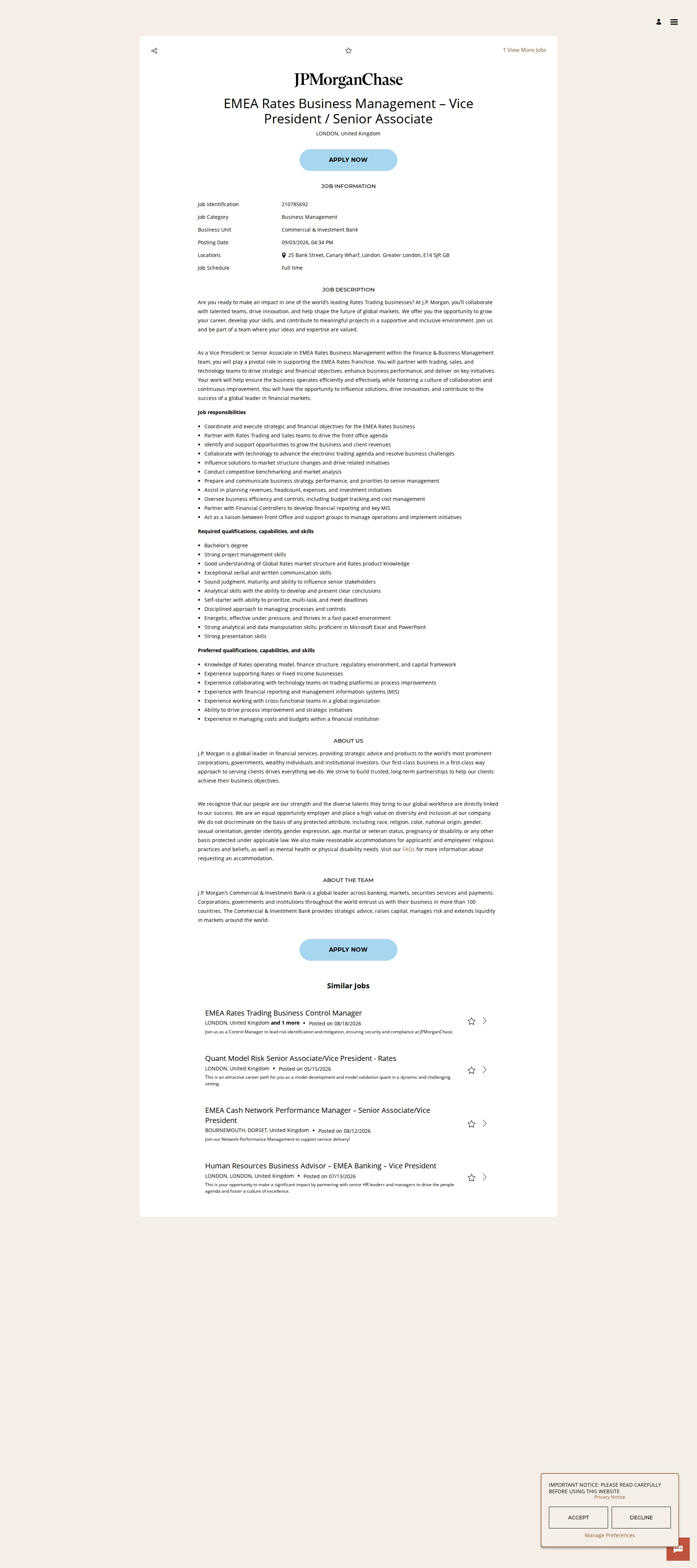 JPMorganChase EMEA Rates Business Management – Vice President / Senior Associate 채용공고