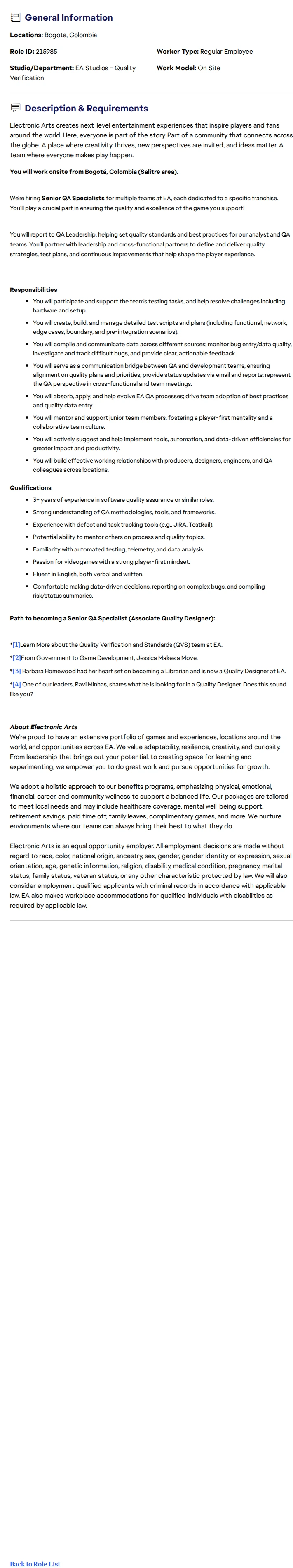 ElectronicArts Senior QA Specialist - Apex Legends 채용공고