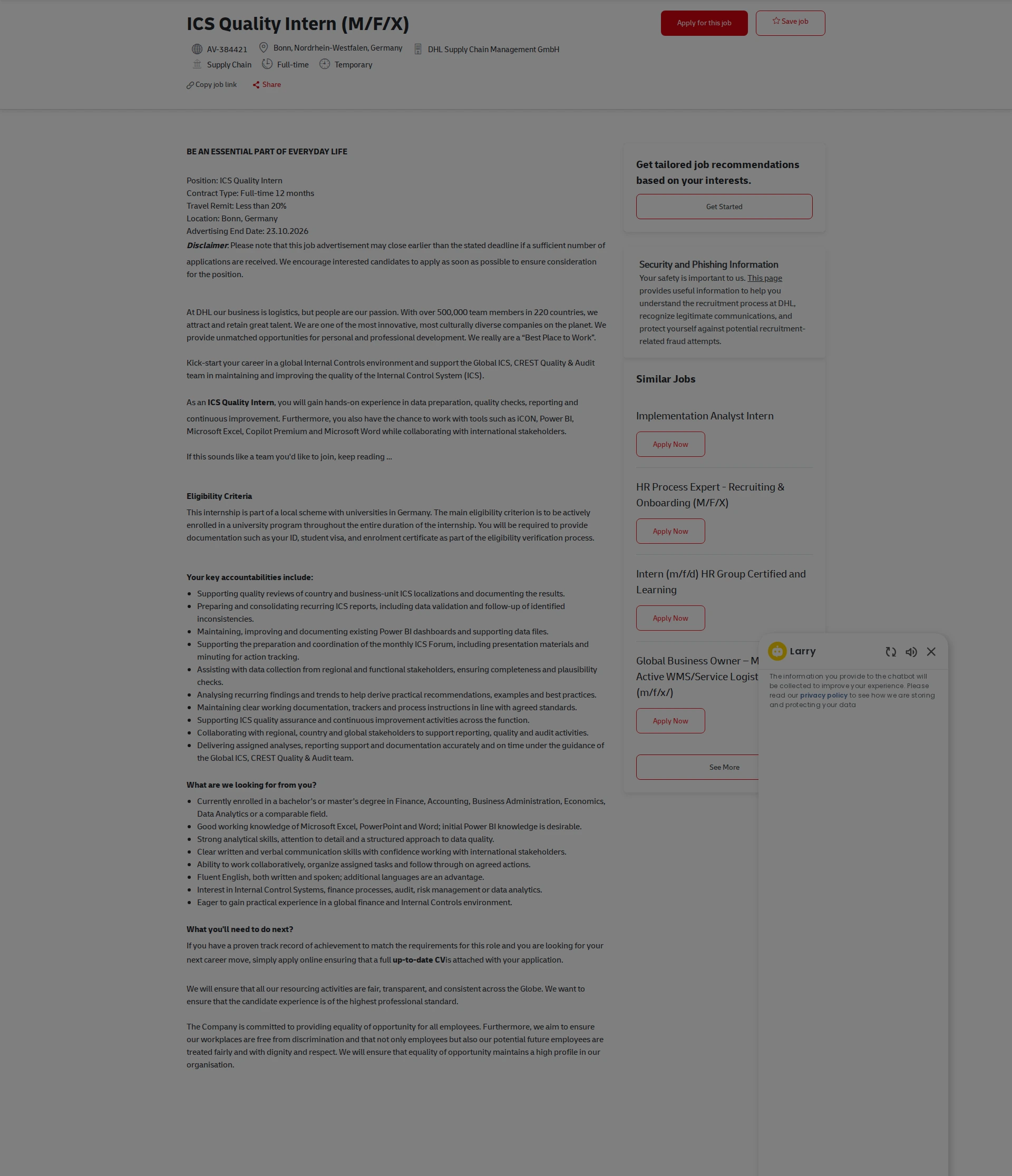 DHL ICS Quality Intern (M/F/X) 채용공고