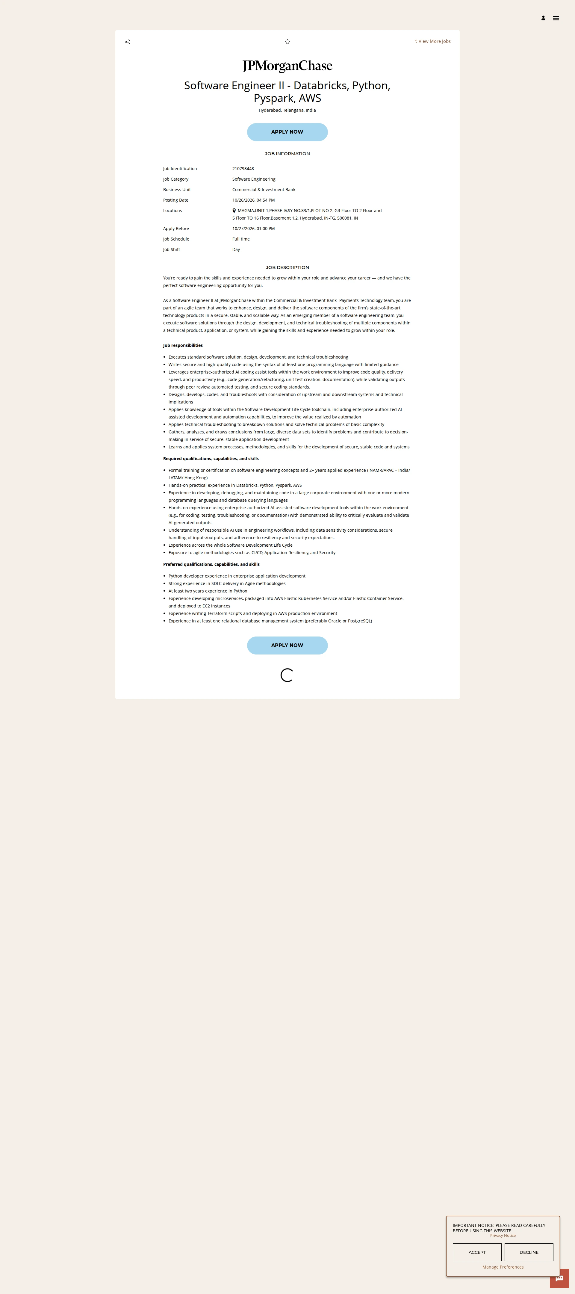 JPMorganChase Software Engineer II - Databricks, Python, Pyspark, AWS 채용공고