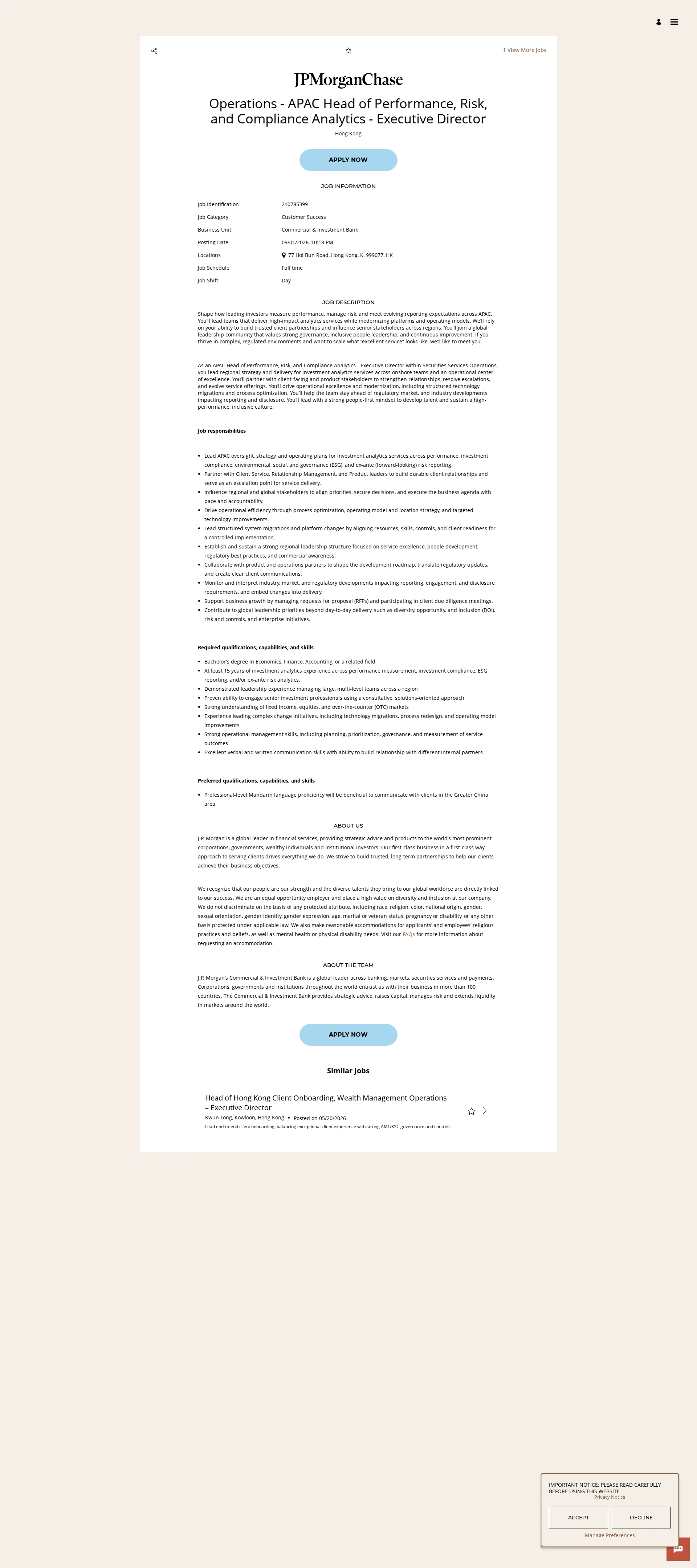 JPMorganChase Operations - APAC Head of Performance, Risk, and Compliance Analytics - Executive Director 채용공고