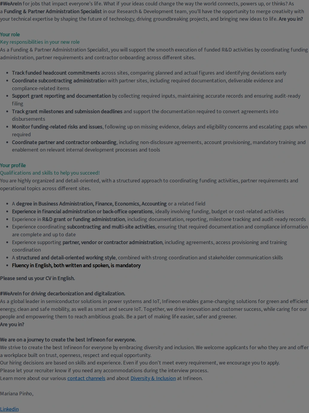 인피니언테크놀로지스코리아 Funding & Partner Administration Specialist (f/m/div) 채용공고