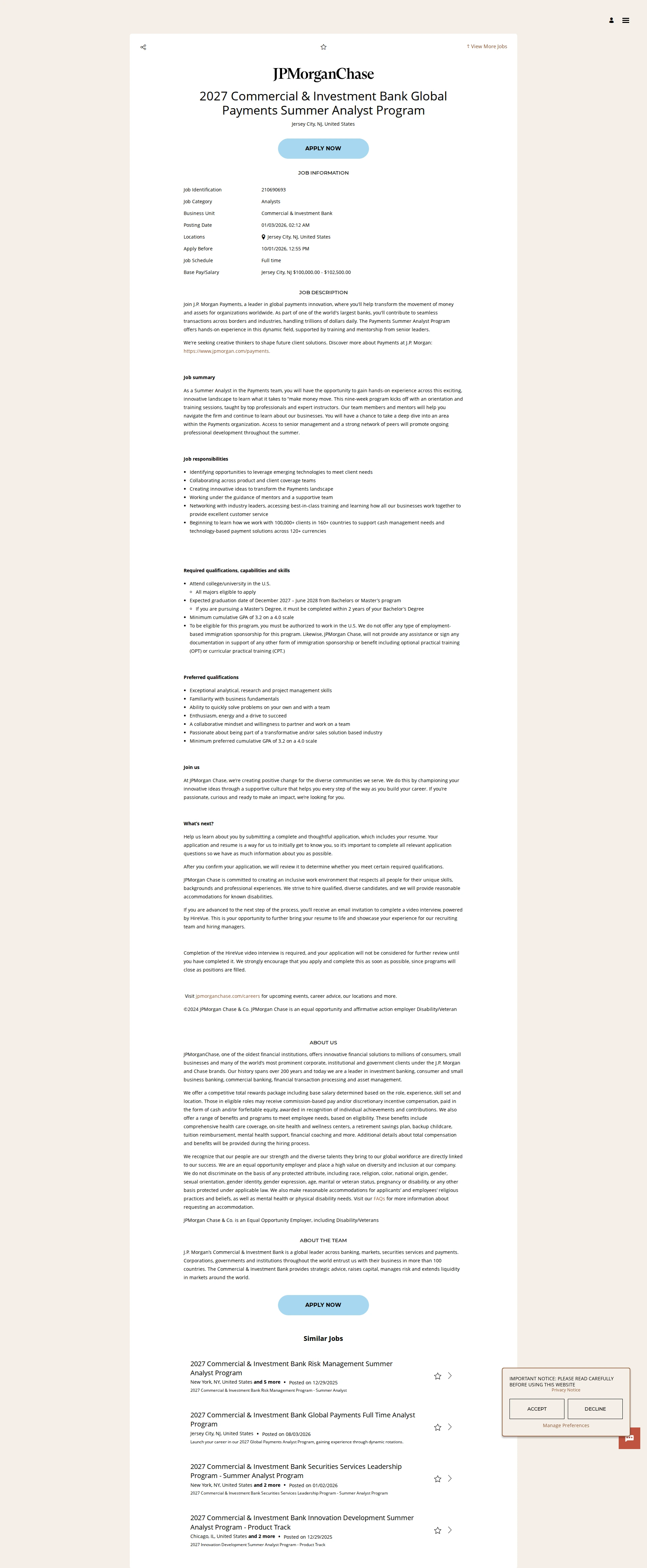 JPMorganChase 2027 Commercial & Investment Bank Global Payments Summer Analyst Program 채용공고