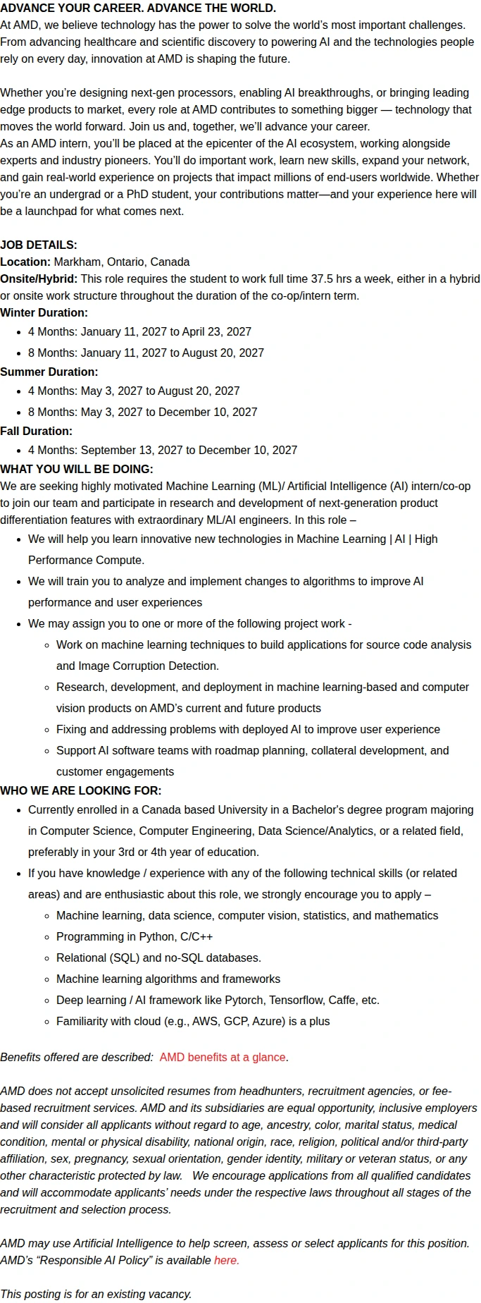 AMD Short Term 2027 Machine Learning/Artificial Intelligence Intern/Co-Op 채용공고