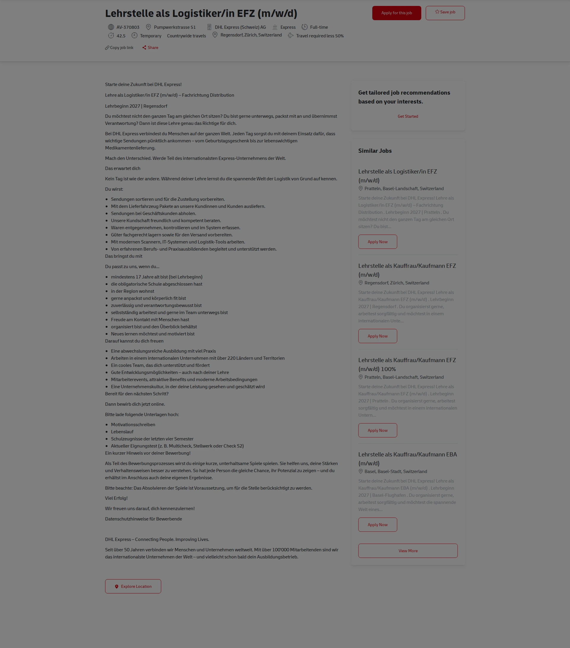 DHL Lehrstelle als Logistiker/in EFZ (m/w/d) 채용공고