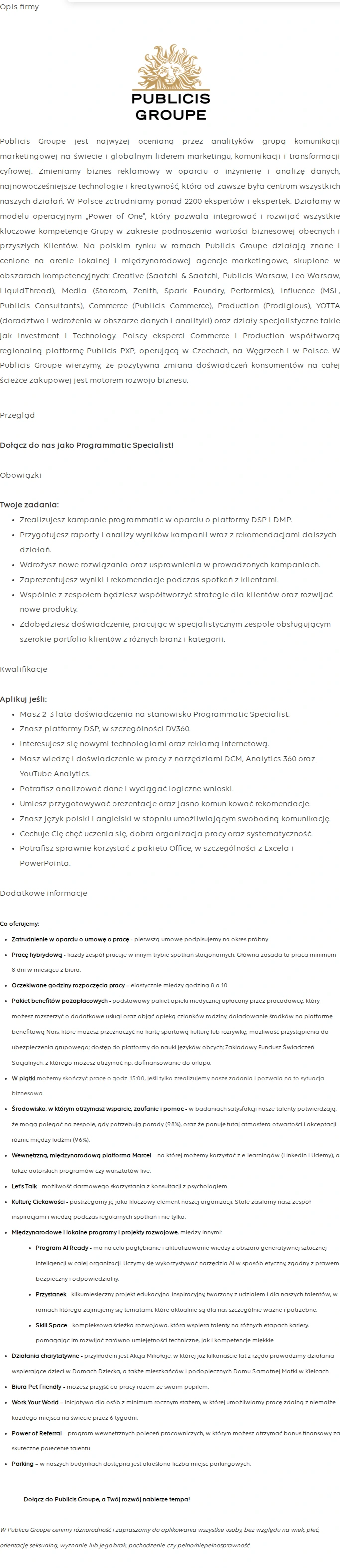 Publicis Groupe Programmatic Specialist 채용공고