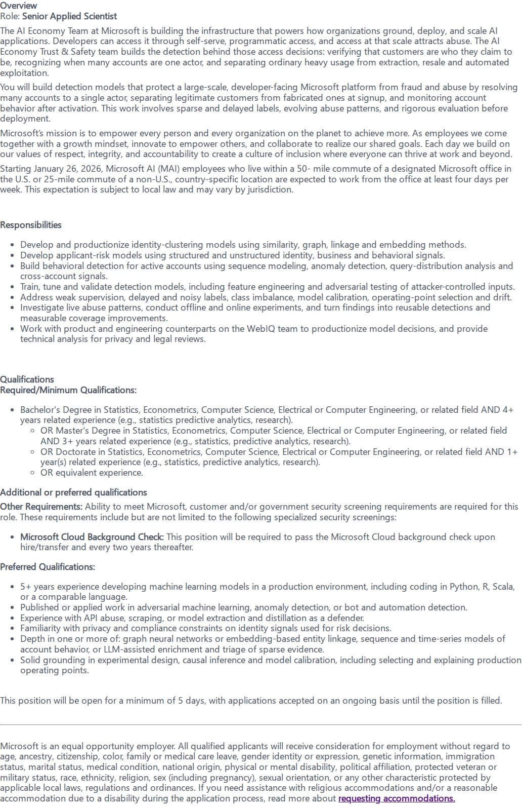 마이크로소프트(Microsoft) Senior Applied Scientist - Ads Ranking & Retrieval 채용공고