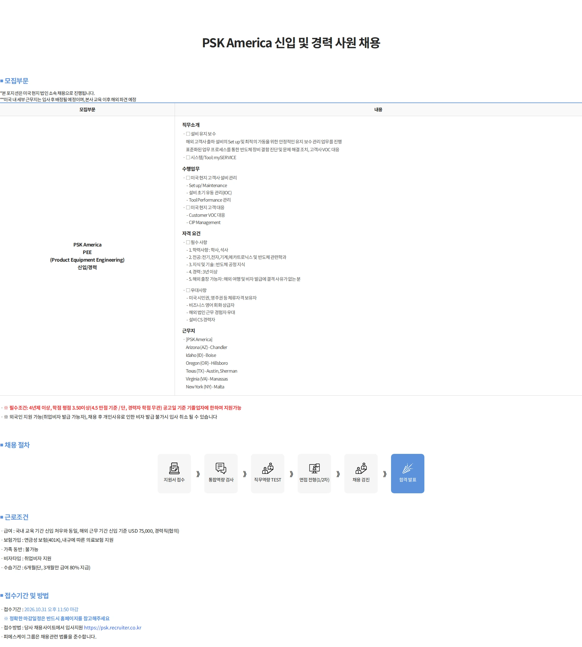 피에스케이홀딩스 PSK America 신입 및 경력 사원 채용 채용공고