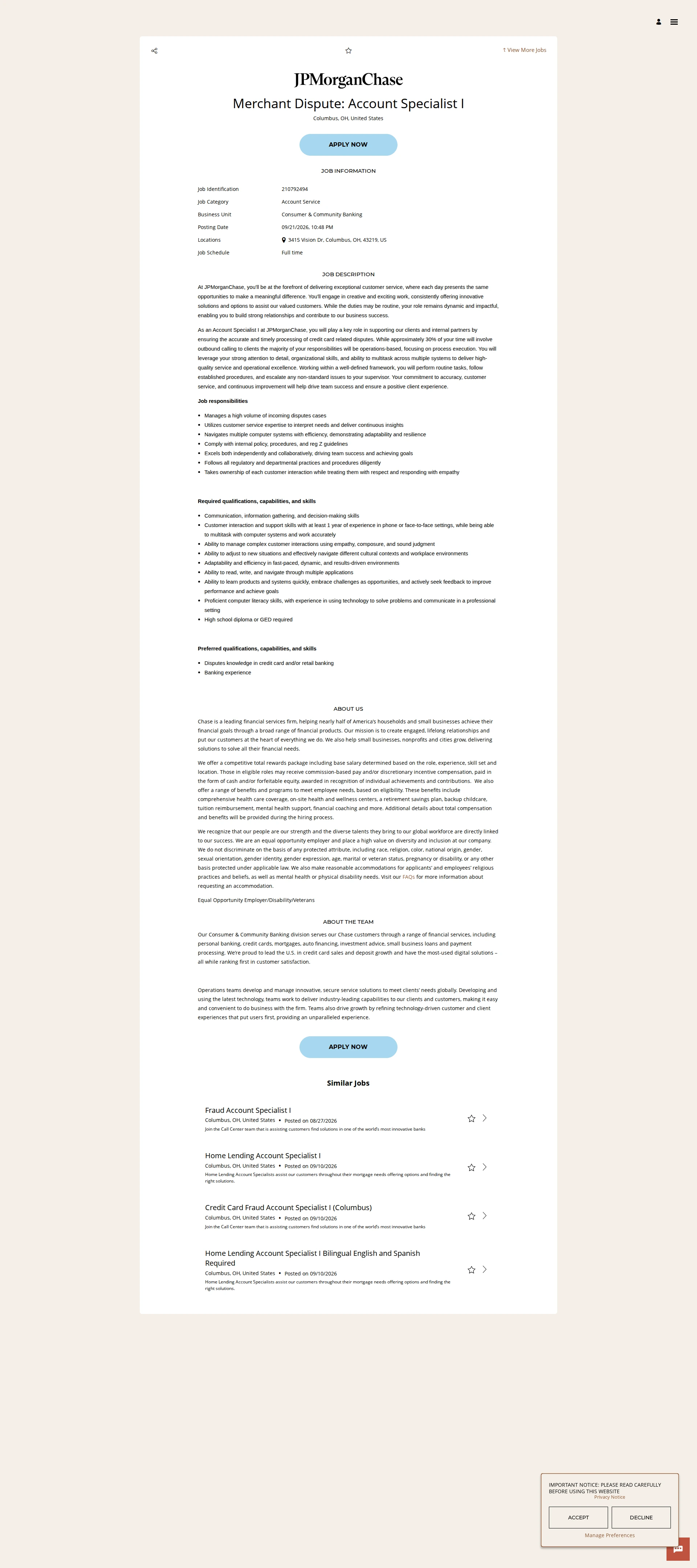 JPMorganChase Merchant Dispute: Account Specialist I 채용공고