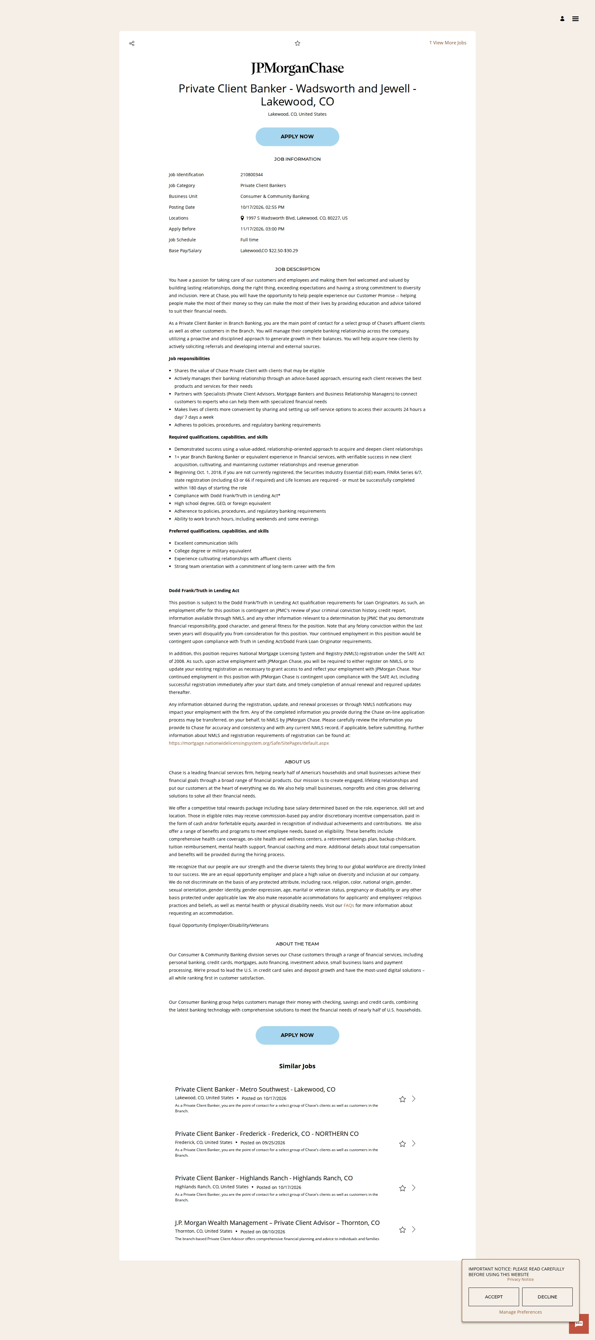 JPMorganChase Private Client Banker - Wadsworth and Jewell - Lakewood, CO 채용공고