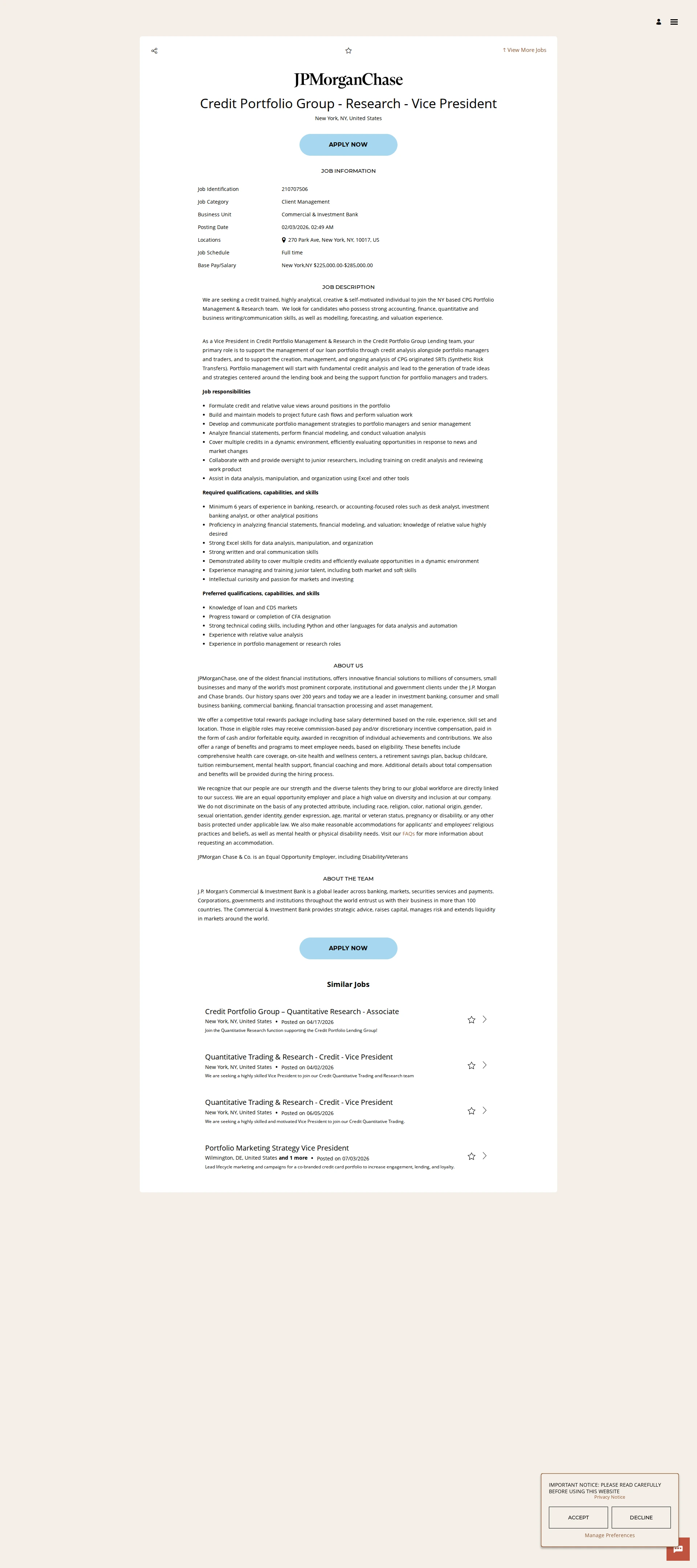 JPMorganChase Credit Portfolio Group - Research - Vice President 채용공고