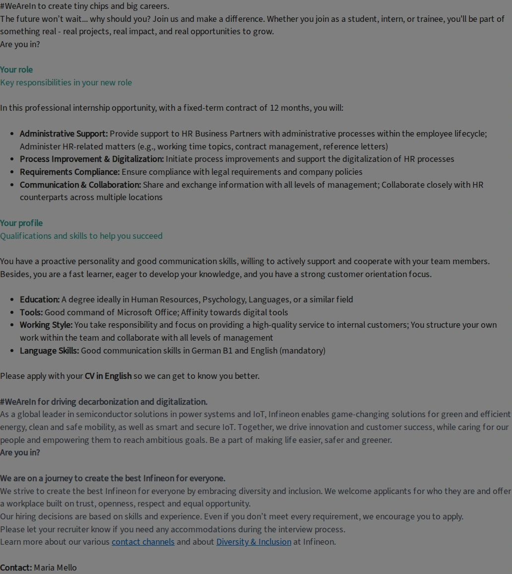 인피니언테크놀로지스코리아 Employee Operations HR Trainee - German Speaker (f/m/div) 채용공고