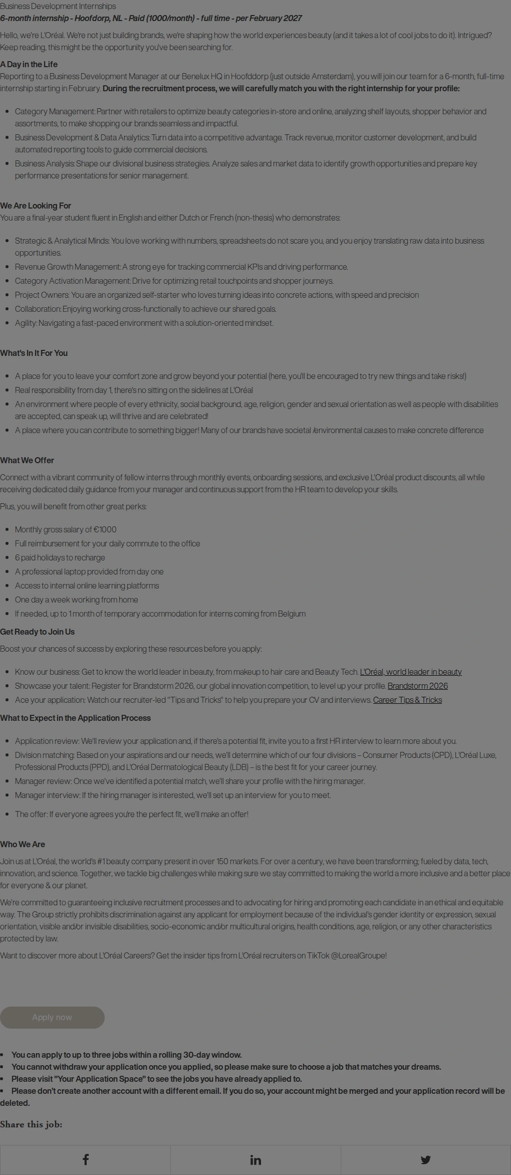 로레알(L'Oreal) Internships Business Development (Paid) - February 2027 채용공고