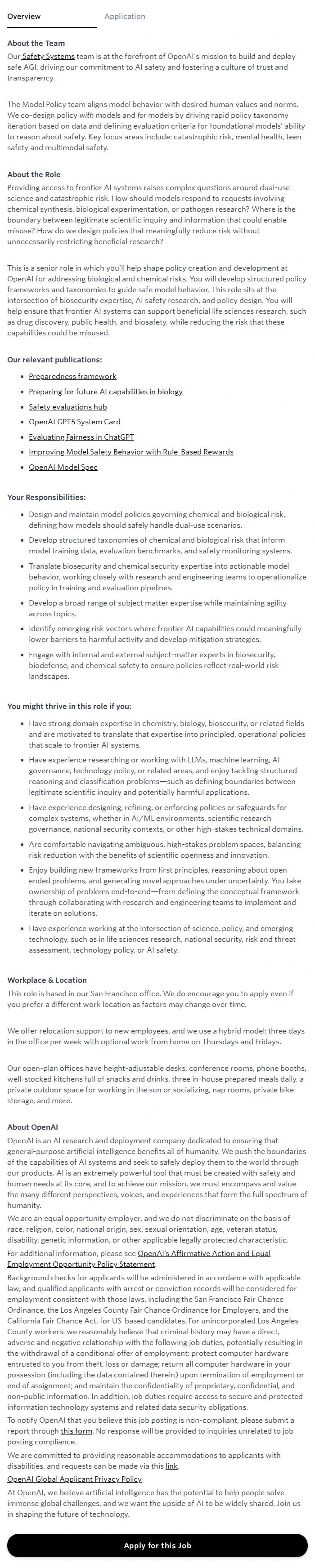 오픈에이아이(OpenAI) Model Policy, Chemical & Biological Risk 채용공고