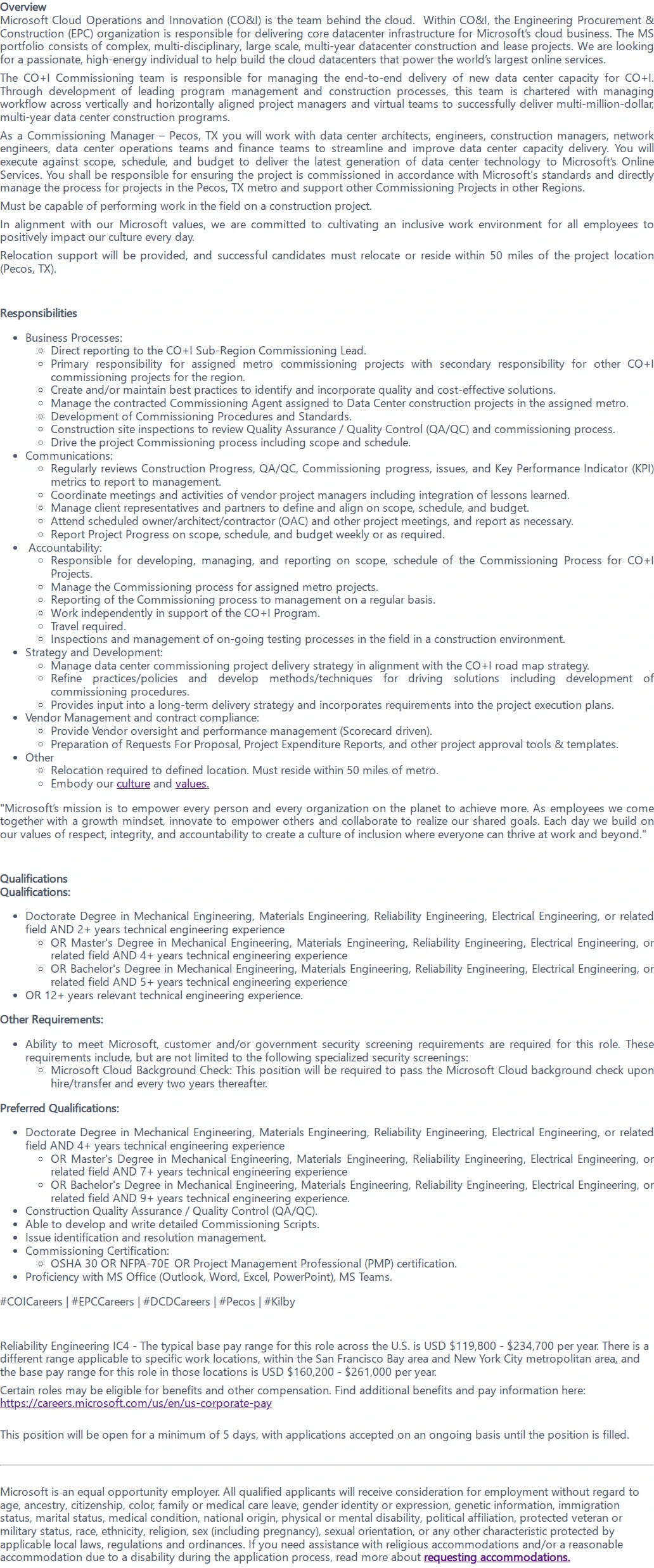 마이크로소프트(Microsoft) Commissioning Manager 채용공고