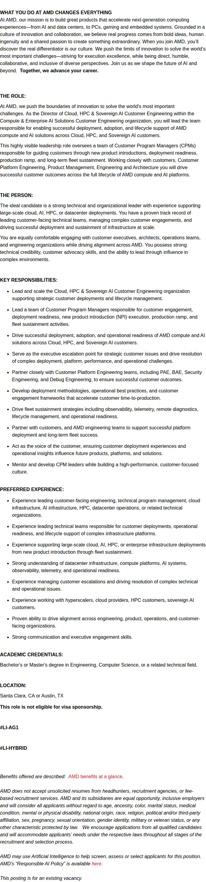AMD Director – Cloud, HPC & Sovereign AI Customer Engineering 채용공고