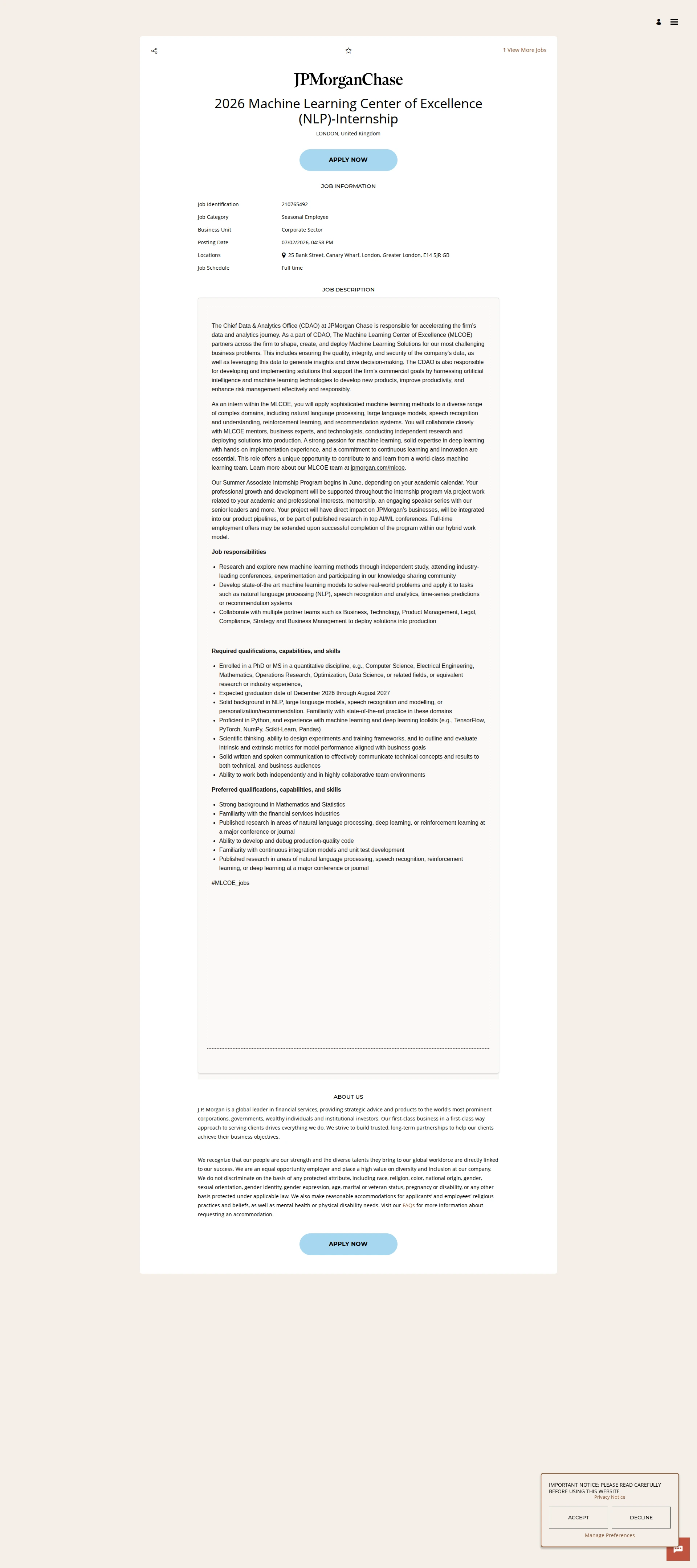 JPMorganChase 2026 Machine Learning Center of Excellence (NLP)-Internship 채용공고