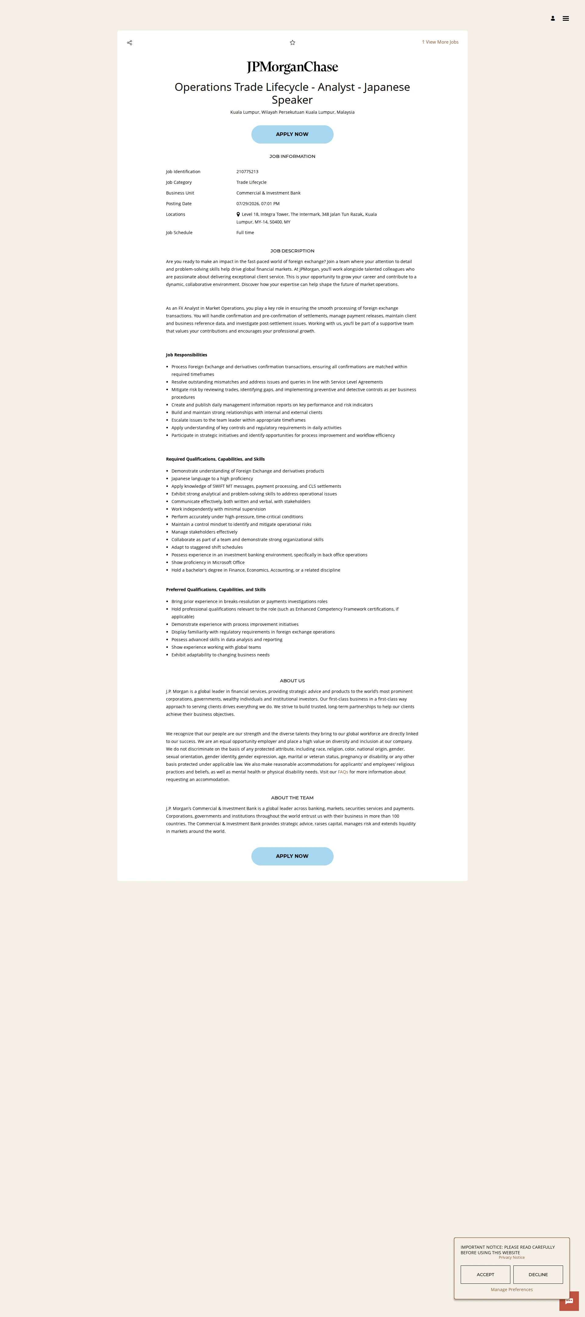 JPMorganChase Operations Trade Lifecycle - Analyst - Japanese Speaker 채용공고