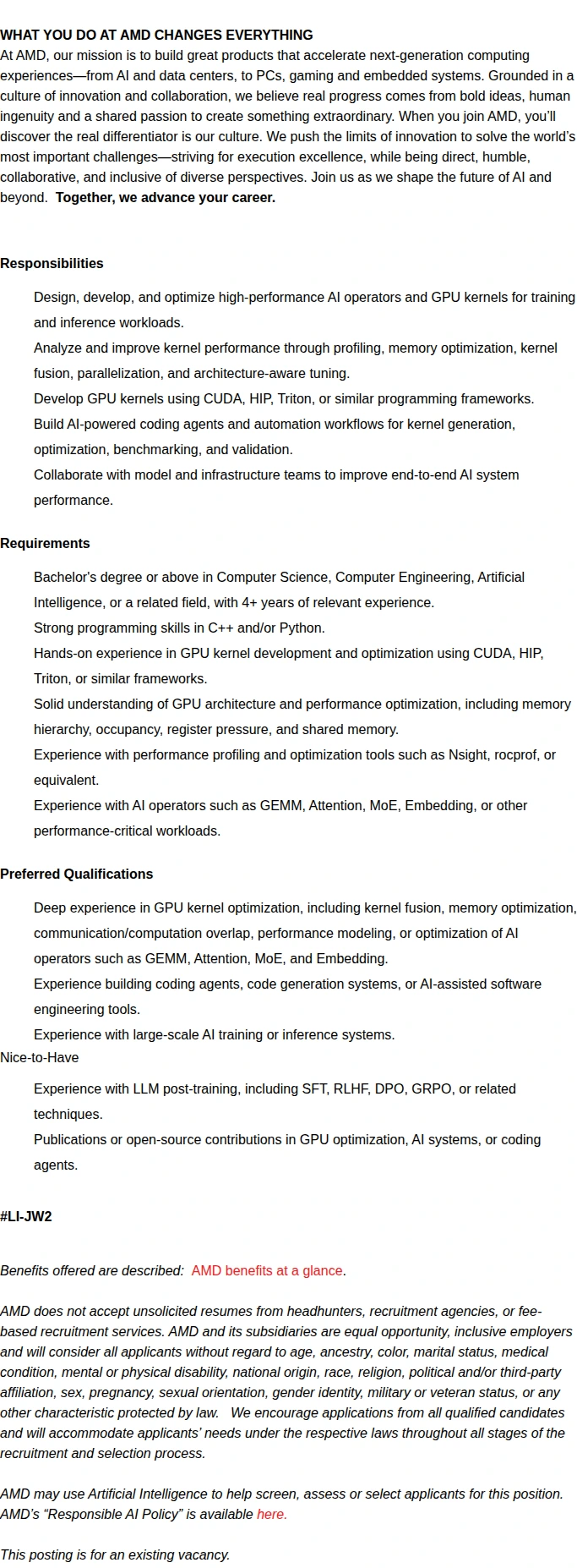 AMD Senior GPU Kernel Optimization Engineer 채용공고