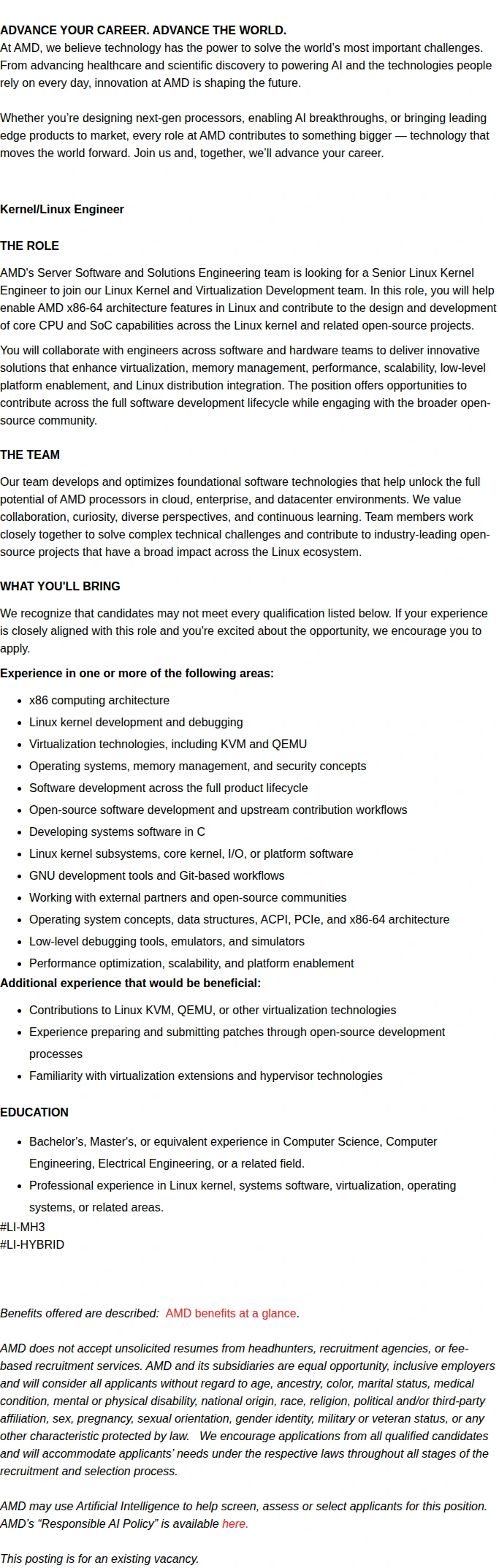 AMD Kernel/Linux Engineer 채용공고