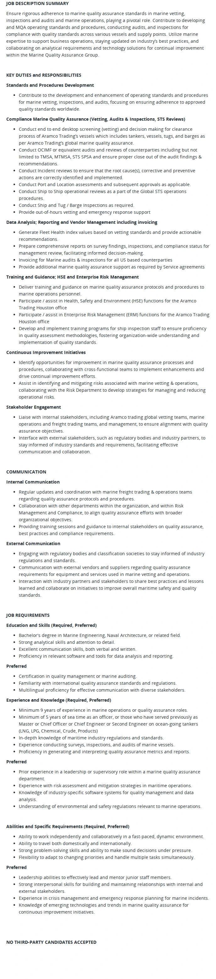 Aramco Americas Company Marine Assurance Advisor (2001) 채용공고