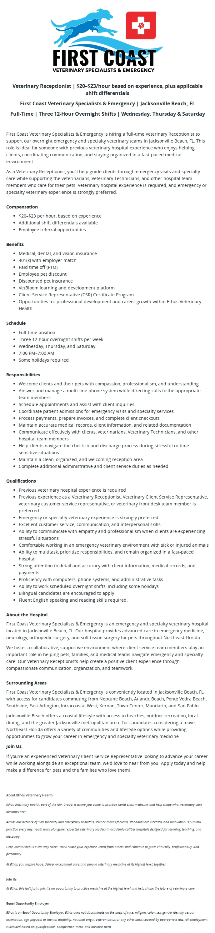 Ethos Veterinary Health Veterinary Receptionist 채용공고