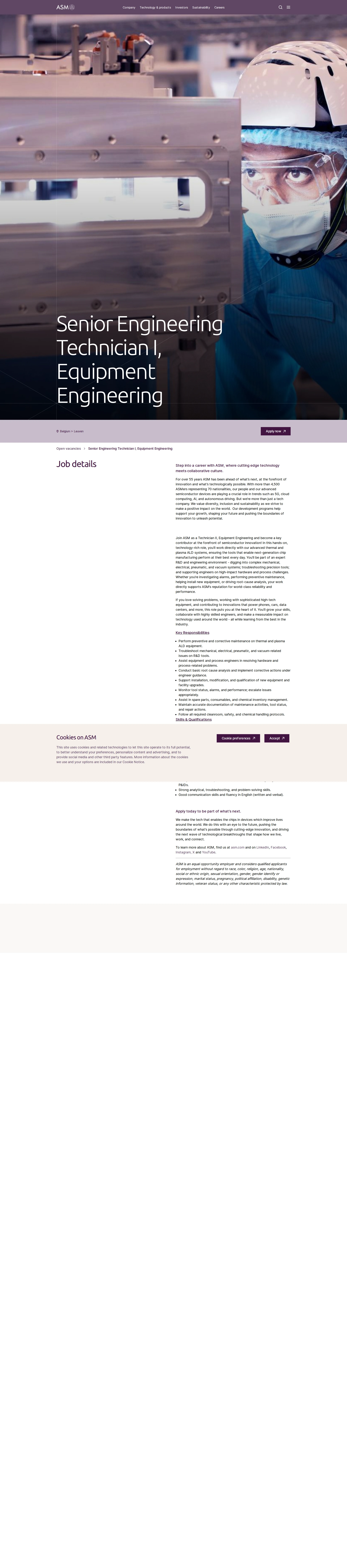ASM Senior Engineering Technician I, Equipment Engineering 채용공고