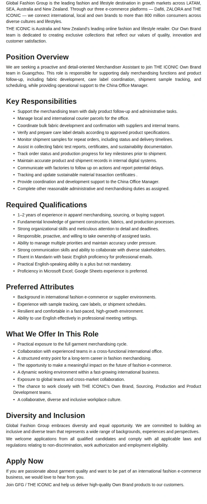 ZALORA SOUTH EAST ASIA PTE LTD Merchandiser Executive 채용공고
