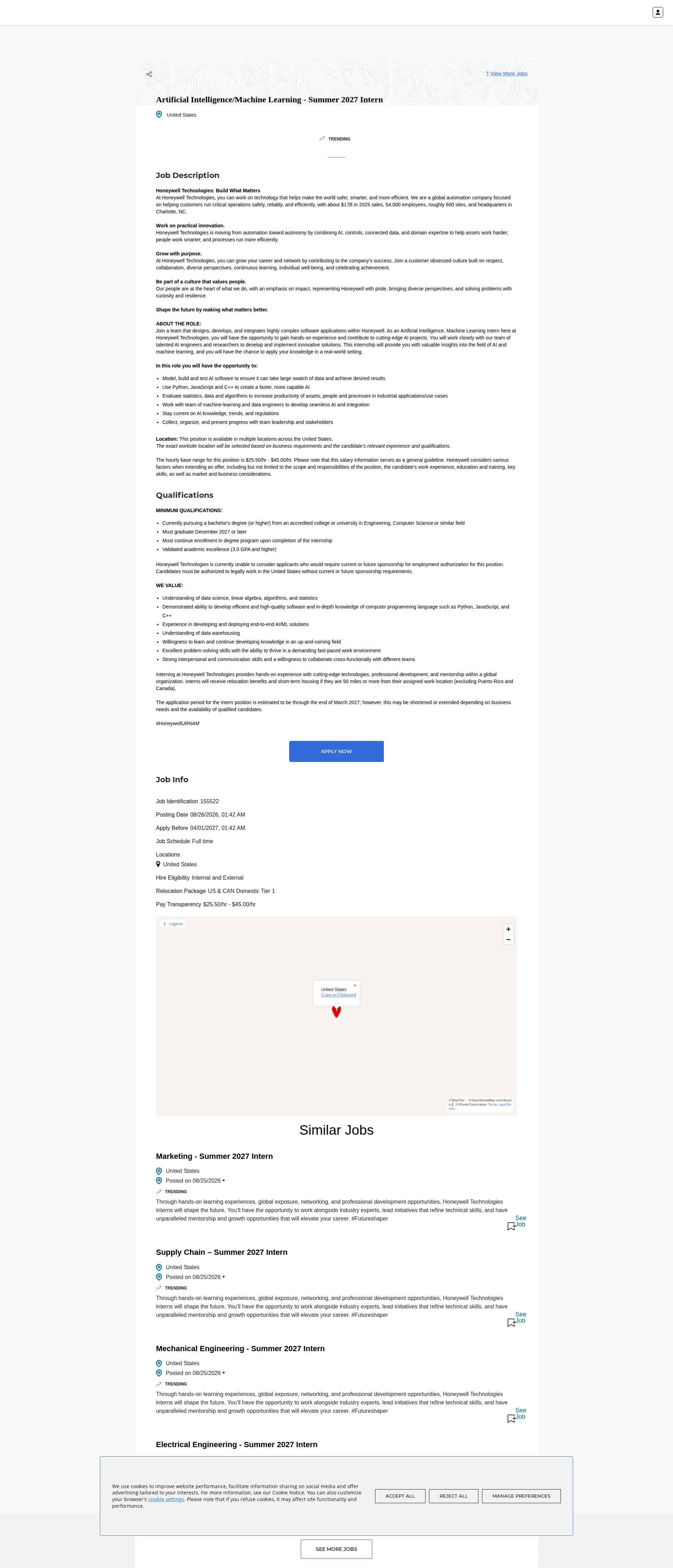 허니웰 Artificial Intelligence/Machine Learning - Summer 2027 Intern 채용공고