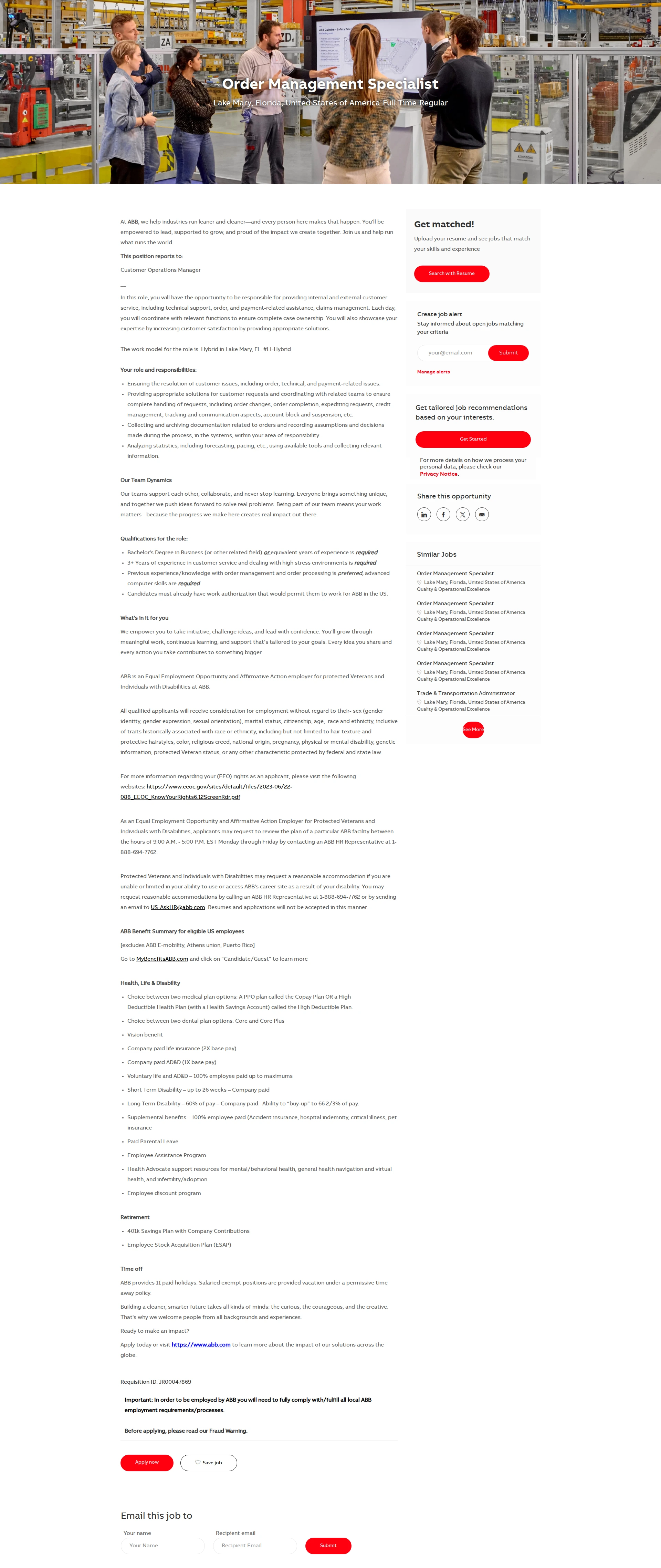 ABB코리아 Order Management Specialist 채용공고