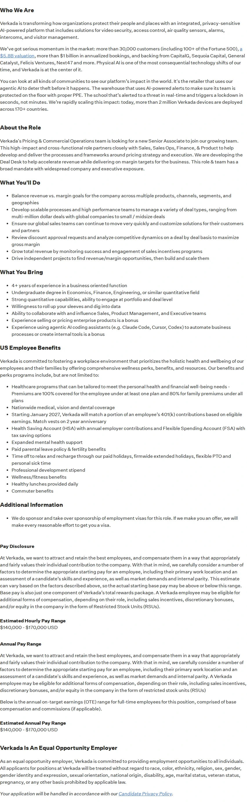 버카다 Senior Associate, Pricing & Commercial Operations 채용공고