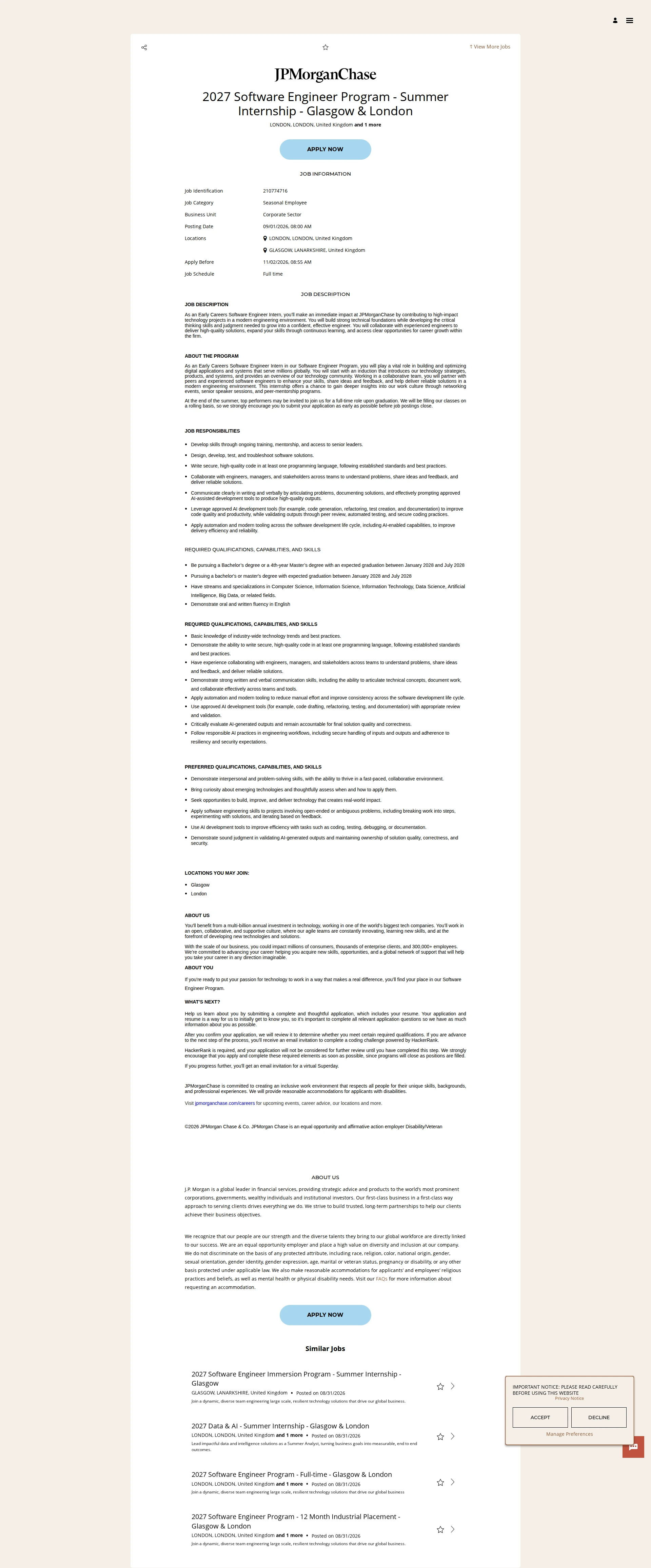 JPMorganChase 2027 Software Engineer Program - Summer Internship - Glasgow & London 채용공고