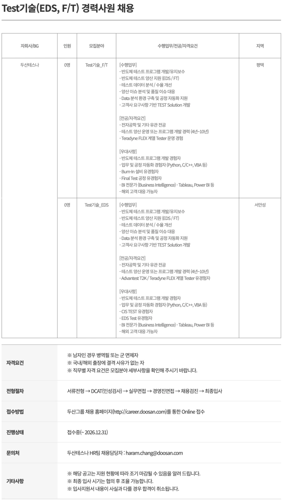 두산테스나 Test기술(EDS, F/T) 경력사원 채용 채용공고